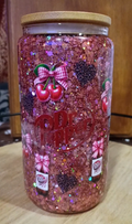 Custom Dr Pepper Glitter Snow Globe Tumbler with pink glitter, cherries, and bamboo lid