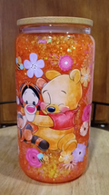 Custom Glitter Snow Globe Tumbler - Winnie the Pooh design with orange glitter and bamboo lid