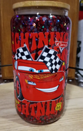 Custom Lightning McQueen Glitter Snow Globe Tumbler with red glitter, Cars design, and bamboo lid