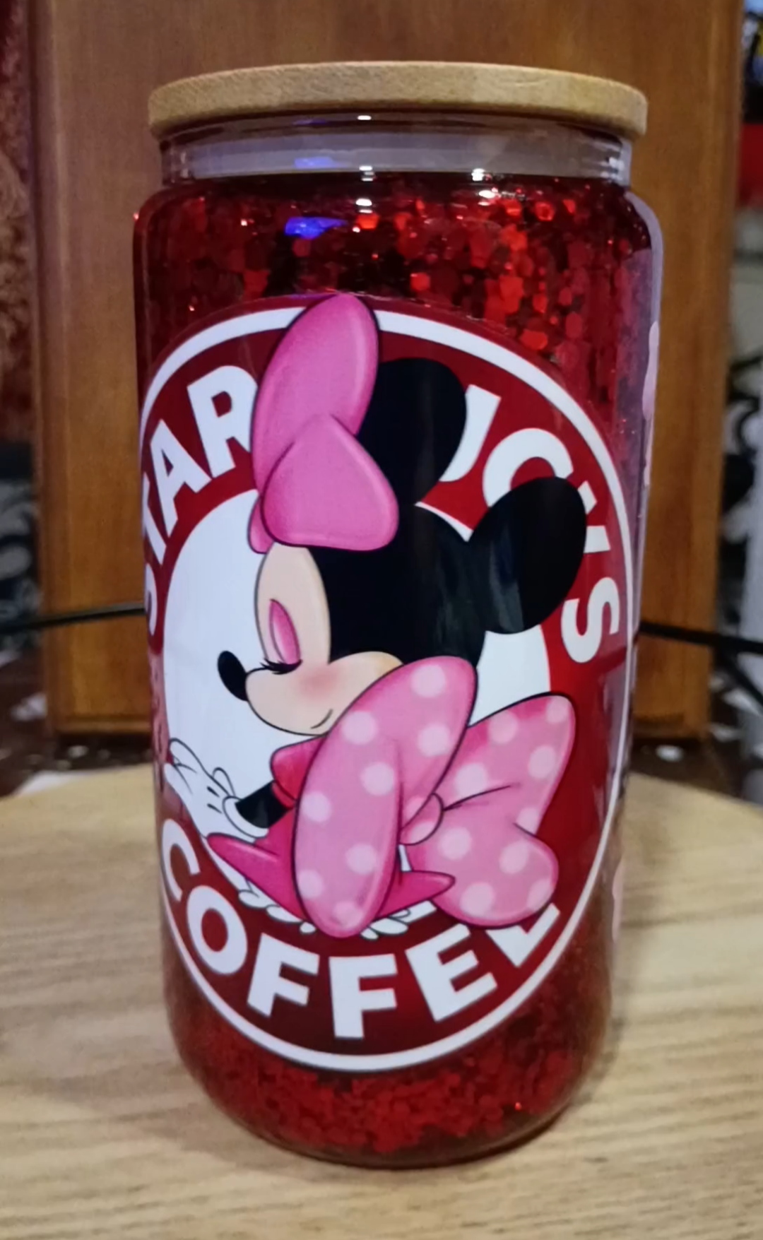 Custom Minnie Mouse Glitter Snow Globe Tumbler with red glitter, coffee design, and bamboo lid