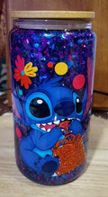 Custom Stitch Glitter Snow Globe Tumbler with purple and blue glitter, Stitch design, and bamboo lid