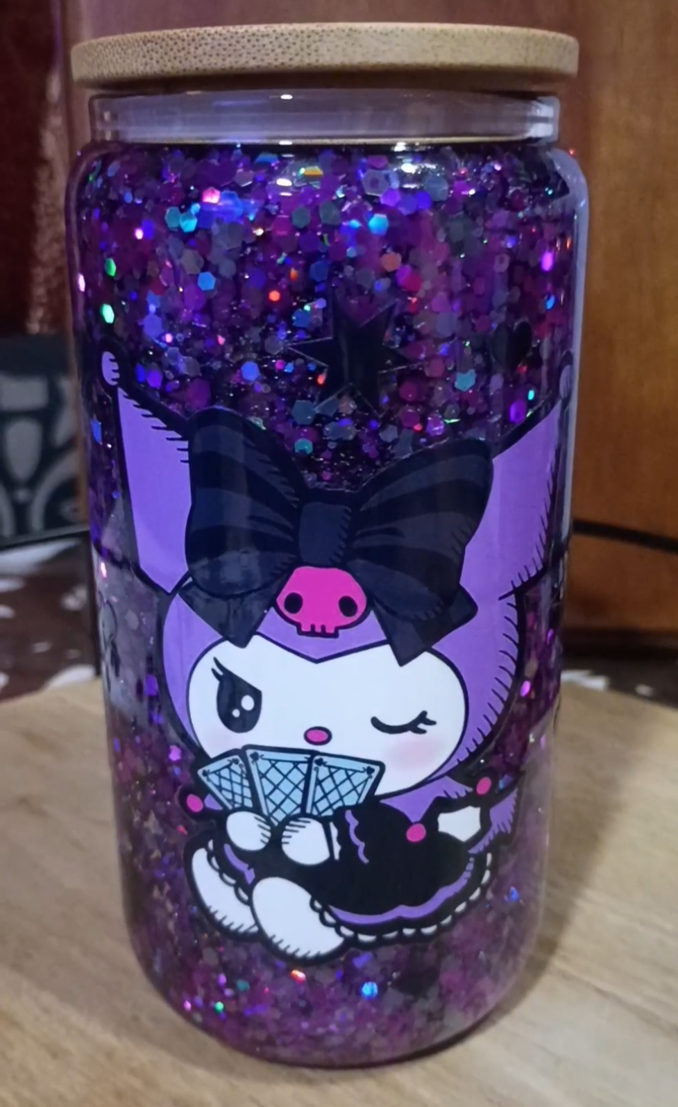Custom Kuromi Glitter Snow Globe Tumbler with purple holographic glitter, Kuromi character art, and bamboo lid
