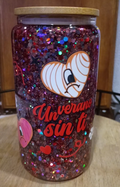 Custom Bad Bunny Glitter Snow Globe Tumbler with red holographic glitter, Un Verano Sin Ti design, and bamboo lid